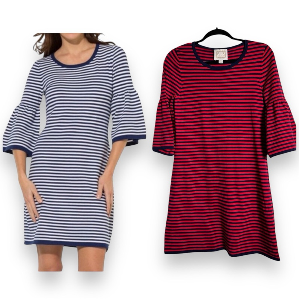 STS Sail to Sable Striped Knit Dress Size Medium Bell Sleeve A-Line Red Blue